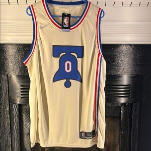 Tyrese Maxey Philadelphia 76ers Basketball Jersey Cream Liberty Bell Sz Large 50